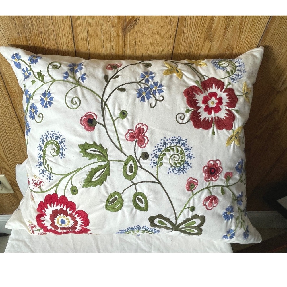 IKEA Alvine Flora Throw Pillow 20x24 Embroidered Floral White Duck Feather
